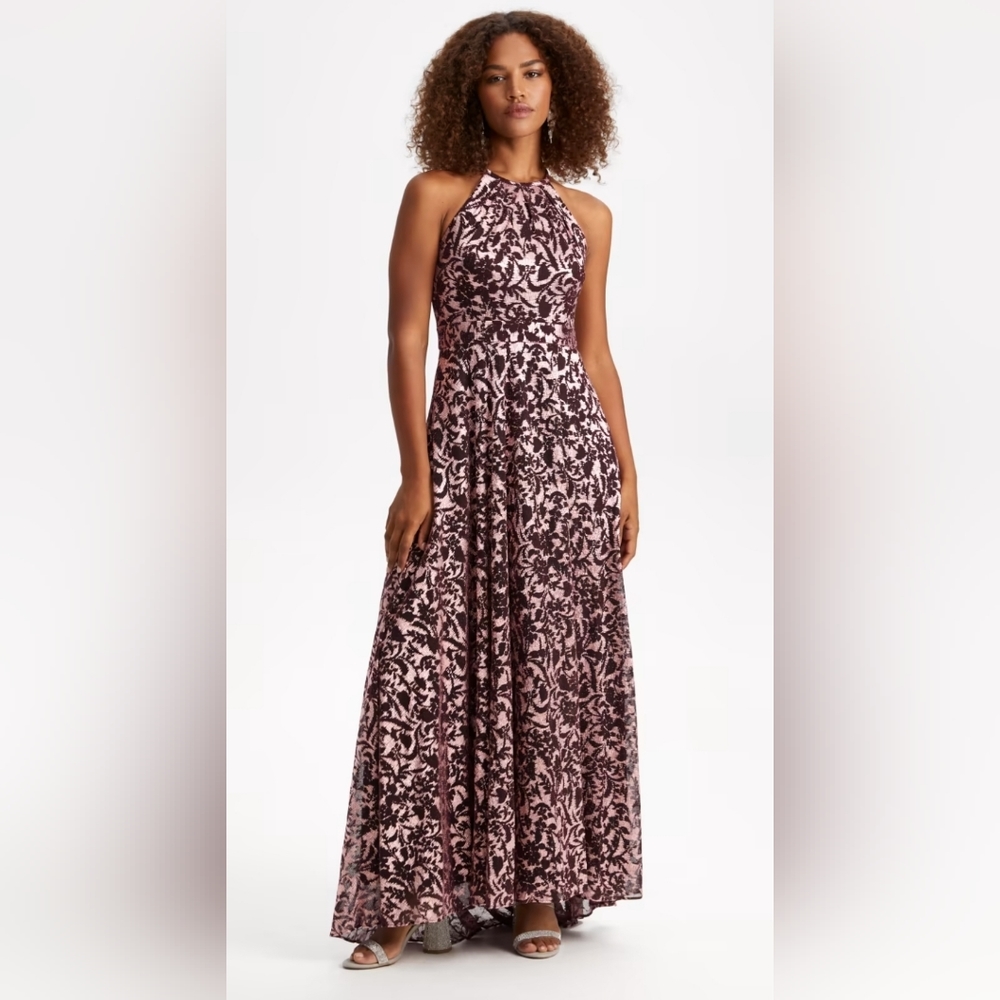 Floral embroided halter neck dress